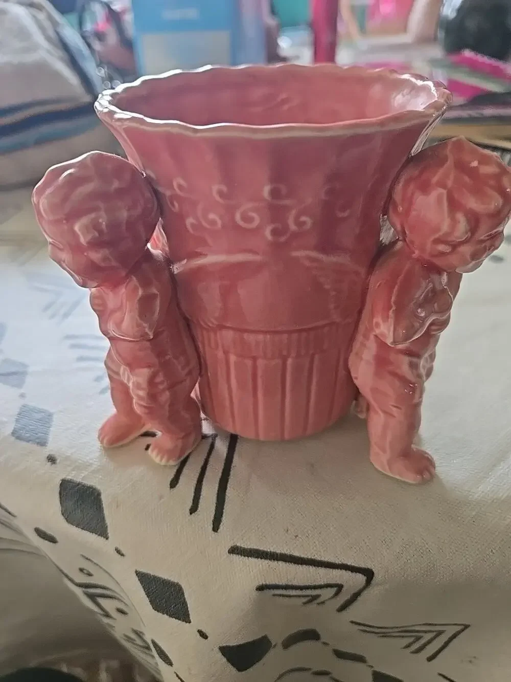 Vtg Ceramic Japan 3-Cherub Angels Planter w/ Scalloped Rim /w Damage